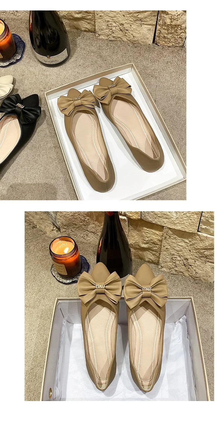 Soft Bottom Flat Casual Women's Shoes Butterfly Knot Slip-On Simple Design Shoes  Synthetic Leather