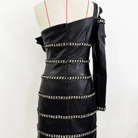 Elegant Socialite Fashion New Heavy Chain Three-Dimensional Ruffle Off-Shoulder Leather Dress Sexy Mini Dress