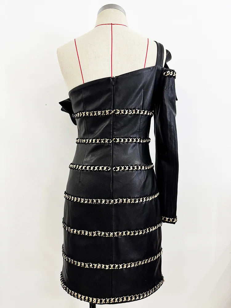 Elegant Socialite Fashion New Heavy Chain Three-Dimensional Ruffle Off-Shoulder Leather Dress Sexy Mini Dress