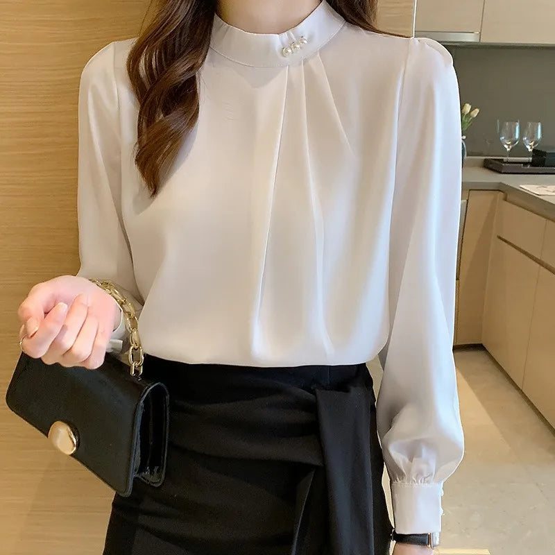 Women's Long-sleeved Fashionable Beaded Base Shirt Niche Chiffon Shirt