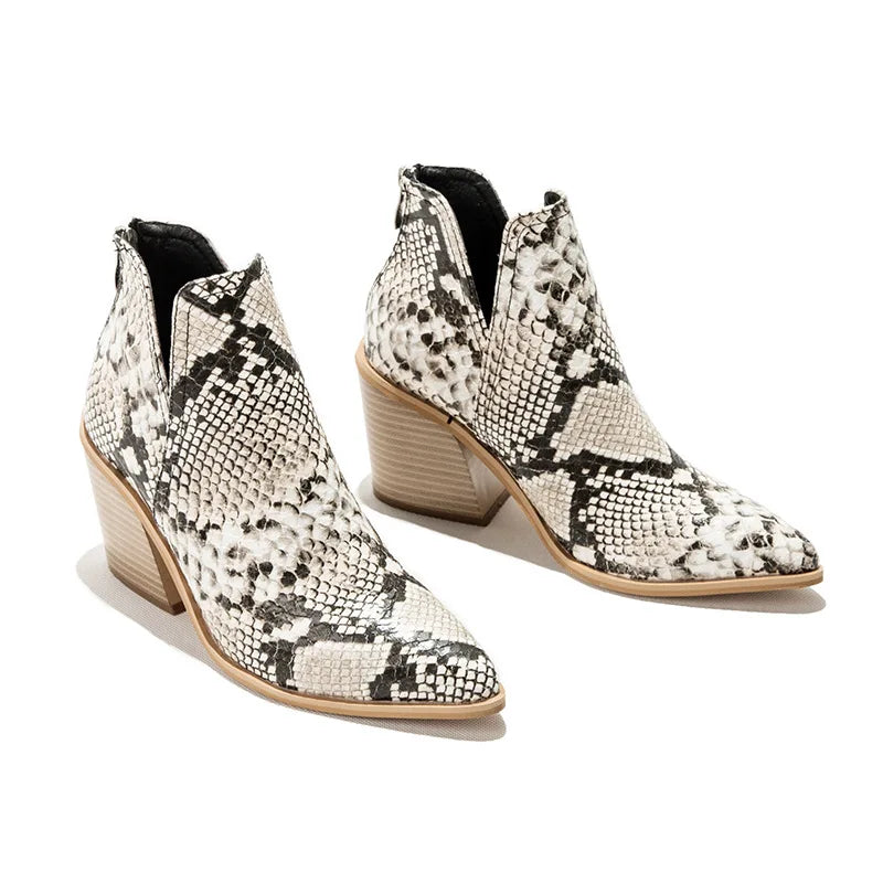 Boots Women Ankle Leopard Mid Heel Shoes Female Slip-On Casual Black Square Heel Booties