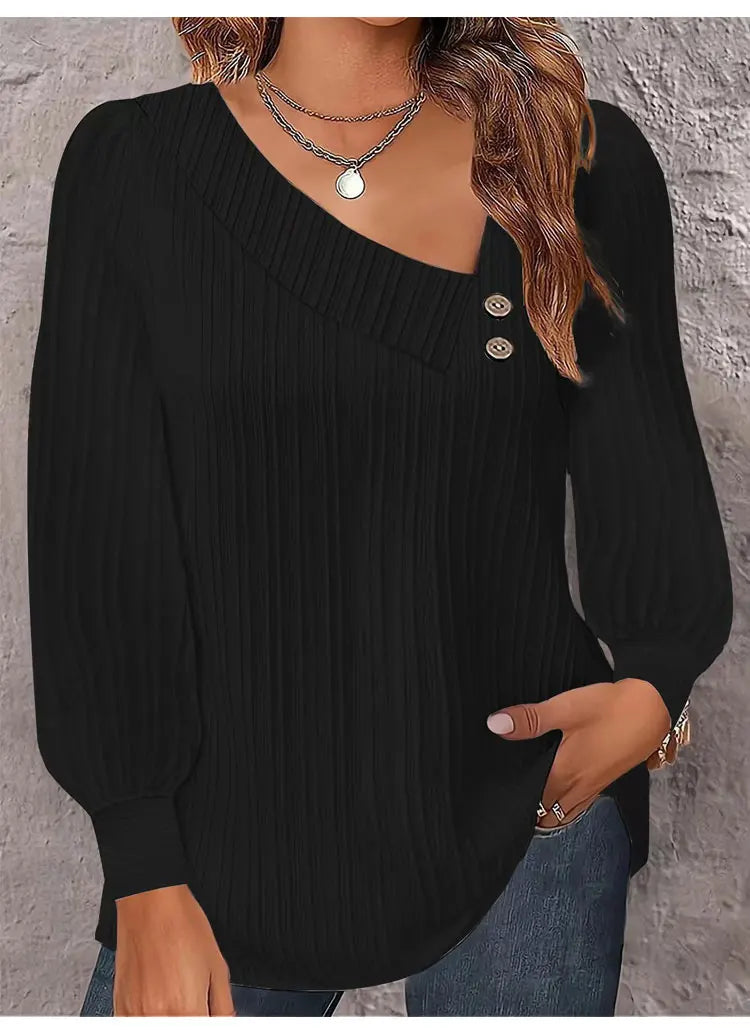 Simple Button V-neck Pullover Women's Solid Long Sleeve Casual T-shirts Elegant Lady Blouses
