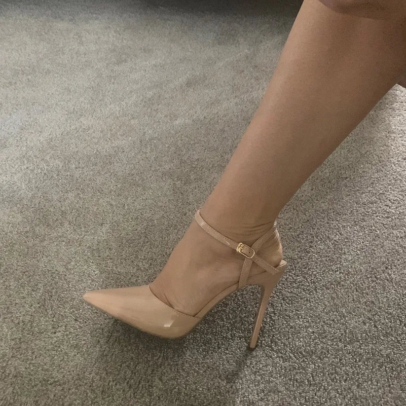 Women 10.5cm High Heels Sandals Lady Metallic Gray Patent Leather Stripper Ankle Strap Sandals Wedding Fetish Nightclub Shoes