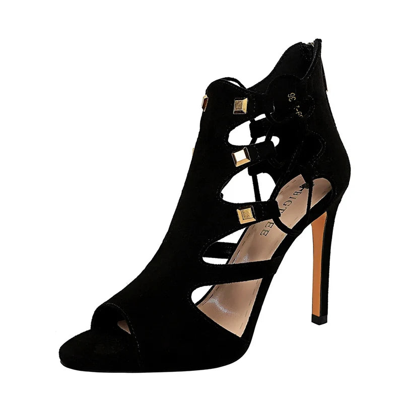Roman style women's super high heel platform suede sexy nightclub slim rivet hollow sandals