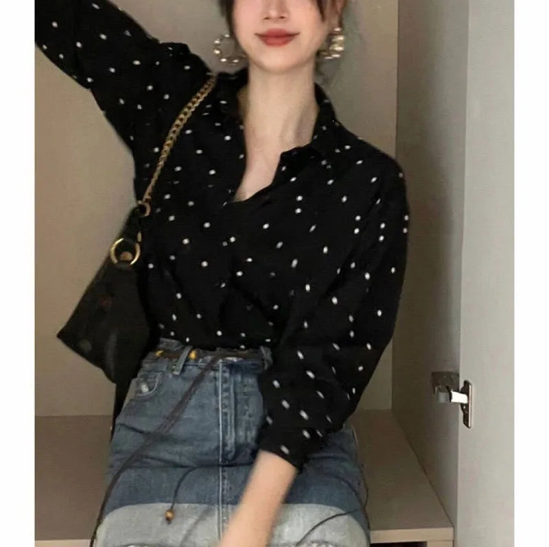 Chic Polka Dot Long Sleeve Shirt Women's Turn-down Collar French Style Simple Design Spring Summer New Arrival