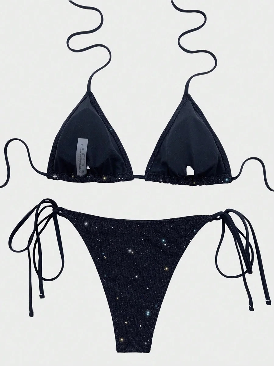 Shiny Sparkling Halter Strappy Bikini High Cut Bikinis Female Swimsuit Women Swimwear Two-pieces Bikini Set Bathing Suit
