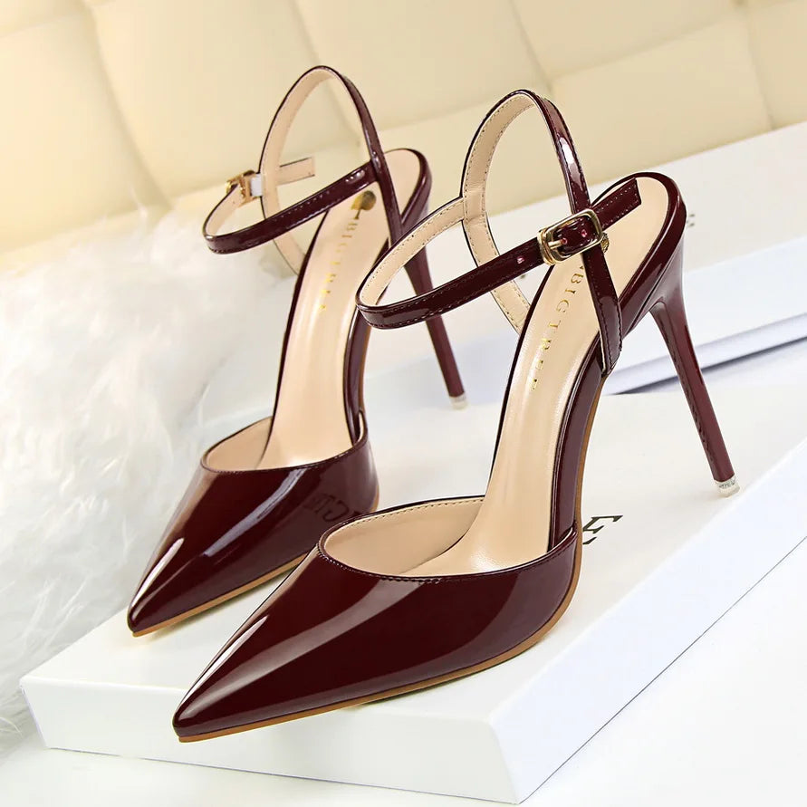 Women 10.5cm High Heels Sandals Lady Metallic Gray Patent Leather Stripper Ankle Strap Sandals Wedding Fetish Nightclub Shoes