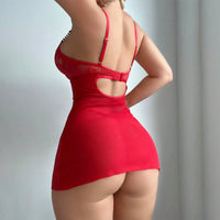 Sexy Embroidered Lace See-through Nightgown Set Two-Piece Fun Intimate Underwear Strapless Mini Skirt Polyester Fiber Thin Fabric