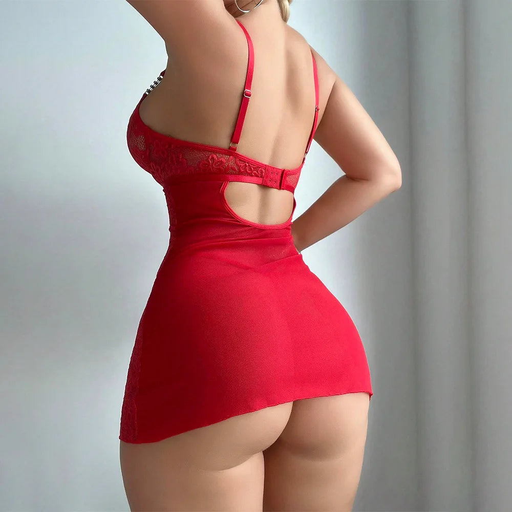 Sexy Embroidered Lace See-through Nightgown Set Two-Piece Fun Intimate Underwear Strapless Mini Skirt Polyester Fiber Thin Fabric