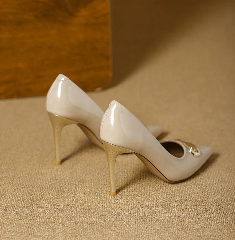 French Style Single Shoes Spring Women Pumps New Pointed Toe Shallow Mouth Metallic Buckle Commuting Shoes Stiletto Single Shoes