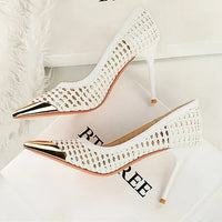 Fashion Metal Decoration Pointed Toe Pumps Woman Thin Heels Sexy Hollow Out Ladies Shoes