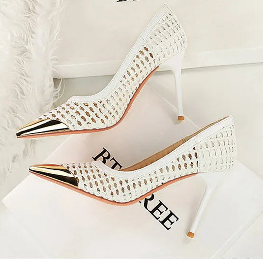 Fashion Metal Decoration Pointed Toe Pumps Woman Thin Heels Sexy Hollow Out Ladies Shoes