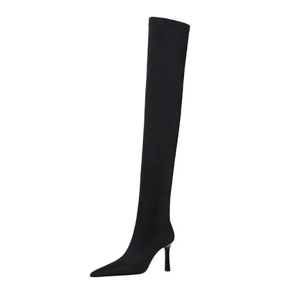 Fashion Pleated Pointed toe Knee-High Boots Thin Heels Women Ladies Shoes