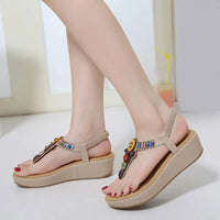 Sandals Women PU Flip Flops Casual Shoes Woman Beading Elastic Band Wedges Sandals Ethnic Style Fashion Flats - Natalia Home Fashion
