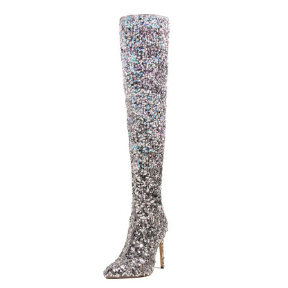 Sexy Over The Knee Long Boots Gradient Bling High Heels 11CM Thin Heels Side Zipper Women Boots New Sharp Tip Boots Natalia Home Fashion    Natalia Home Fashion