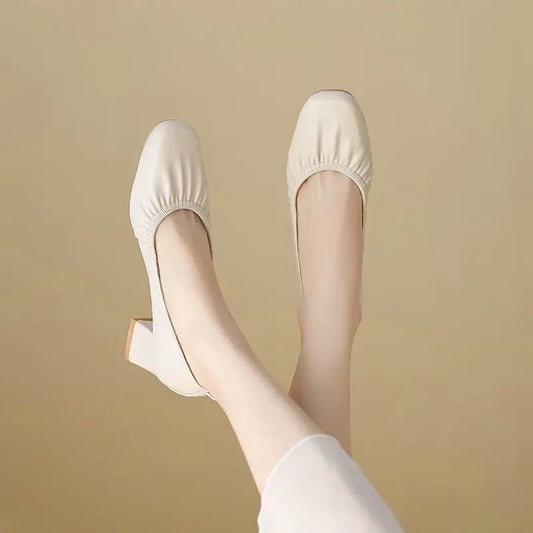 Women's Square Head Grandmother Style Shoes Slip-On High Heel Versatile Shoes in Leather Semi formal  Footwear