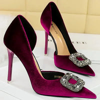 Women 10.5cm Super High Heels Pointed Toe Side Hollow Work Pumps Metal Crystal Buckle Velvet Stiletto Fashion Banquet Lady Shoes