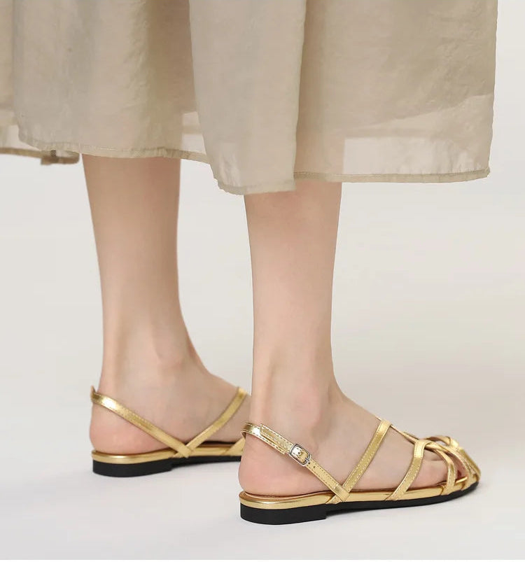French-style cross-strap sandals, summer open-toe flat women's shoes, one-strap buckle Roman-style commuter shoes