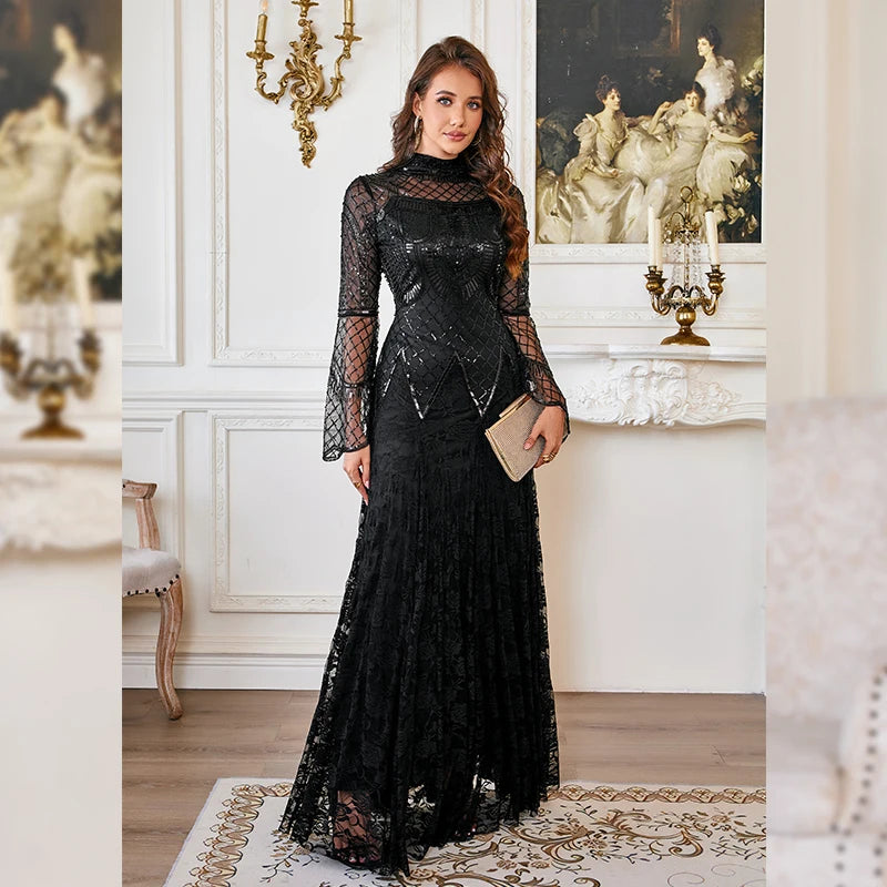 Black Lace Mermaid Elegant Evening Dress for Women High Neck Long Sleeve Sequins Party Dresses Prom Gowns Wedding