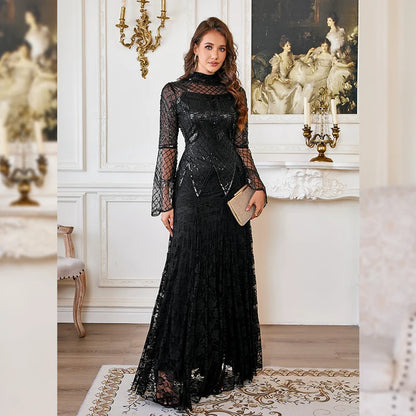 Black Lace Mermaid Elegant Evening Dress for Women High Neck Long Sleeve Sequins Party Dresses Prom Gowns Wedding