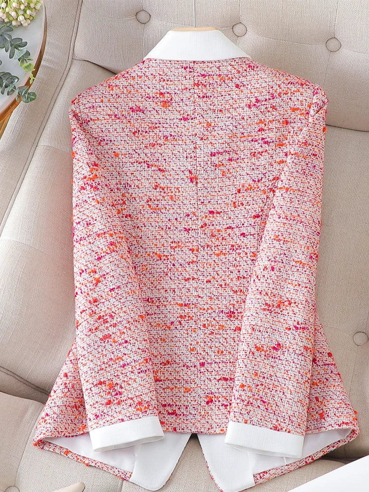 Fashion Red Plaid Ladies Blazer Jacket Women Long Sleeve Single Breasted Female Casual Coat