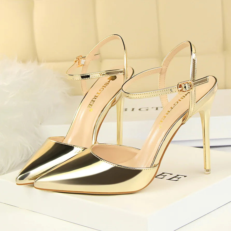 Women 10.5cm High Heels Sandals Lady Metallic Gray Patent Leather Stripper Ankle Strap Sandals Wedding Fetish Nightclub Shoes