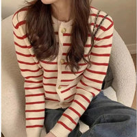 Chic Striped O Neck Sweaters Women Autumn Winter Korean Fashion Long Sleeve Knitwear Coats Single Breasted Knitted Cardigans Natalia Home Fashion    Natalia Home Fashion