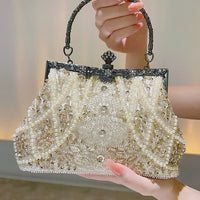 Pearl & Diamond Kiss Lock Clutch Bag Floral Handle Party Bag Metal Chain Cocktail Crossbody Bag