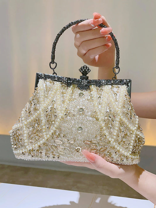 Pearl & Diamond Kiss Lock Clutch Bag Floral Handle Party Bag Metal Chain Cocktail Crossbody Bag
