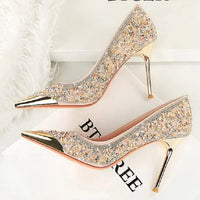 Fashion Metal Decoration Pointed Toe Woman Pumps Thin Heels Wedding Party Ladies Shoes