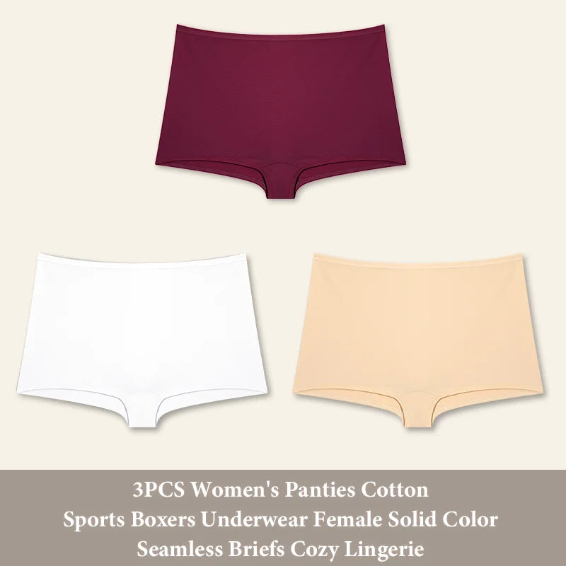 3PCS Women's Panties Cotton Seamless Sports Boxers Underwear Female Solid Color Briefs Cozy Lingerie Intimate Underpants