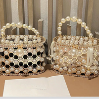 Luxury Pearl Beaded Metal Cage Hollow Out Women Handbag Rhinestones Diamond Evening Bag Wedding Party Clutch Purse Crossbody Bag