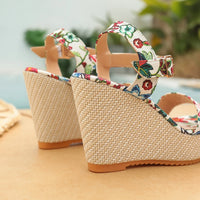 Bohemian Thick Heel Platform Sandals Women's Flip Flops Flower Ribbon Beach Shoes Comfortable round Toe Roman Style
