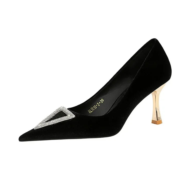 Designer Women Heels Prom Pumps Lady Velvet Pointed Toe 7cm Thin High Heels Pearl Crystal Buckle Shoes