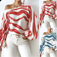 Elegant Printed Sleeve Shirt Independent Station Cross-Border Women's Long Sleeve One-Shoulder Loose Top Commute Style