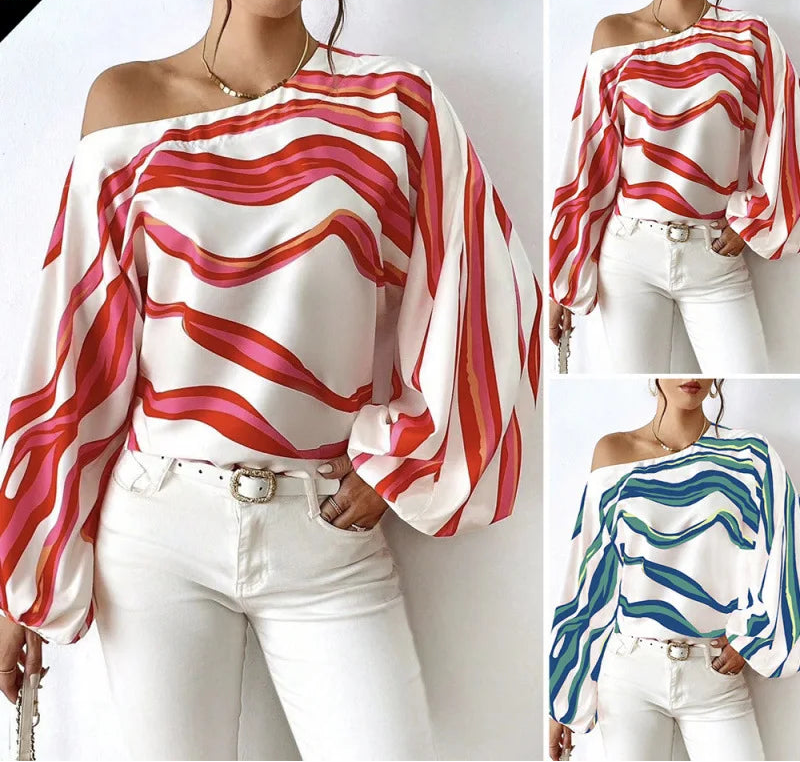 Elegant Printed Sleeve Shirt Independent Station Cross-Border Women's Long Sleeve One-Shoulder Loose Top Commute Style