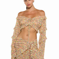 Chiffon Floral 2 Pc Bikini Set Long Sleeve Backless Crop Tops Women Transparent Bodycon Skirts Sexy Beach Casual