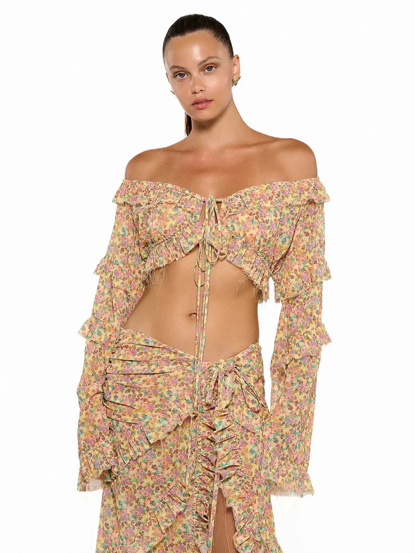 Chiffon Floral 2 Pc Bikini Set Long Sleeve Backless Crop Tops Women Transparent Bodycon Skirts Sexy Beach Casual