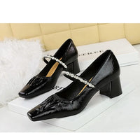 Heels Women Fashion CRYSTAL Pearl Pumps Square Toe Stripper Elegant Party Square Heel Ladies Shoes