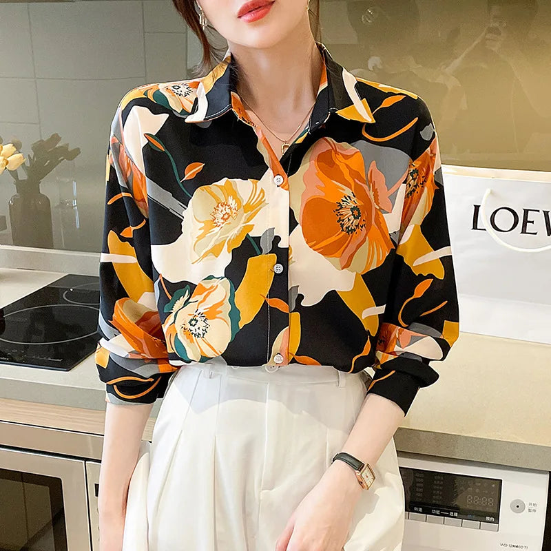 Vintage Style for Women Long Sleeve Flower Printed Spring Autumn semi formal Style Elegant Single Breasted Shirt
