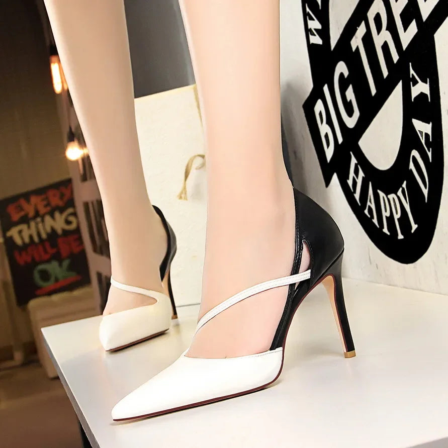 Women 9.5cm High Heels Sandals Nightclub Stripper Heels Sexy Patchwork Party Ankle Strap 2 tone Shoes