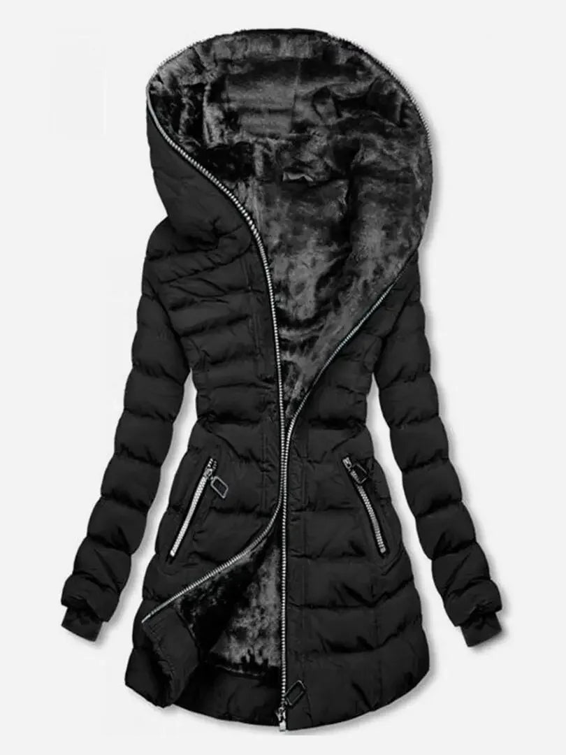 Women's Hooded Long Sleeve Cotton-padded Fleece-lined Winter Jacket Medium-length Zip-up Coat Warm Stylish - Natalia Home Fashion