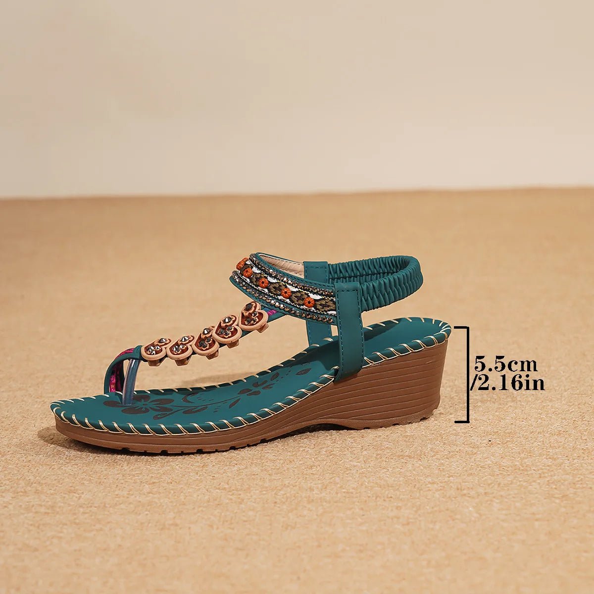 Bohemian Style Women's Sandals Summer Fashion Beach Slope Heel Slippers Beaded Diamond Slip-On round Toe PU Lined Mid Heel