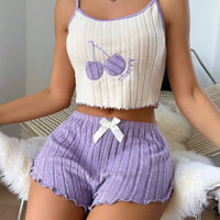 2 pcs Pajamas Set for Women Casual Simple Ground Wool Halter Vest Shorts Set Home Wear Sleepwear Lounger wear