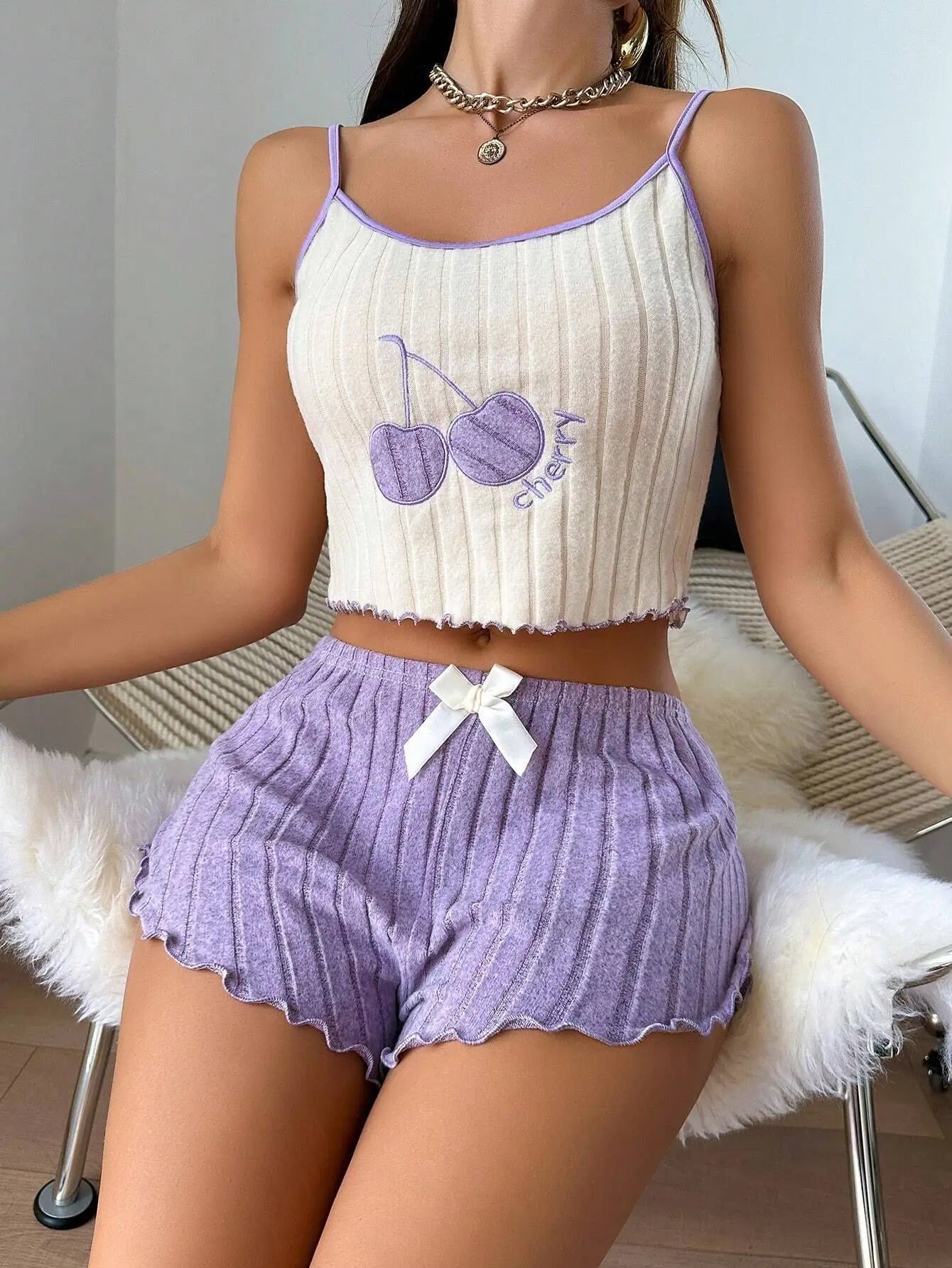 2 pcs Pajamas Set for Women Casual Simple Ground Wool Halter Vest Shorts Set Home Wear Sleepwear Lounger wear