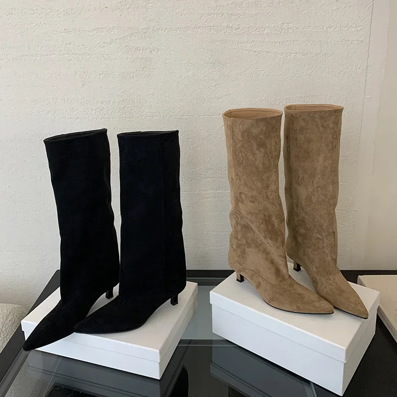 Street Style Pointed Toe Knee-High Boots Women Low Heels Shoes Female Long Booties Women Shoes