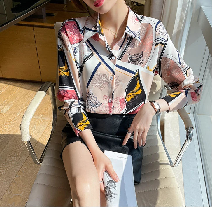 Chiffon Allover Printed Women's Blouses High Quality Long Sleeve Single Breasted Spring Summer Casual Lady Blouses