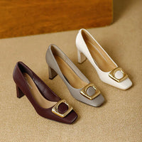 Basic Shallow Square Toe Women Pumps High Quality PU Leather Matte Thick Heel Office Shoes Woman Maroon 7CM High Heels