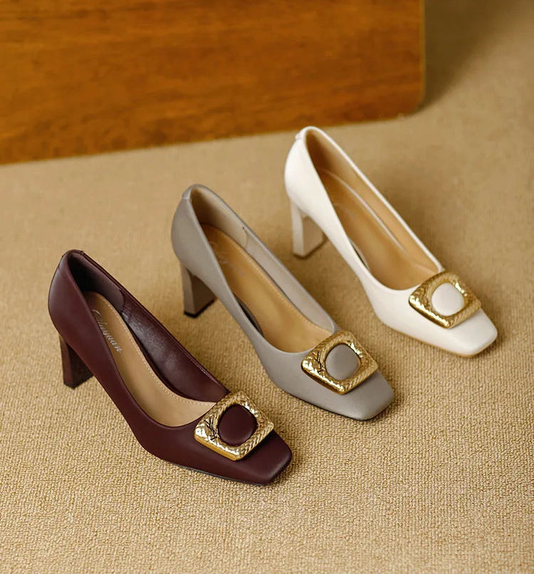 Basic Shallow Square Toe Women Pumps High Quality PU Leather Matte Thick Heel Office Shoes Woman Maroon 7CM High Heels