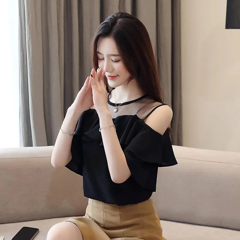 Loose Women's Chiffon Shirt round Neck Pure Color Mesh Five Sleeve Transparent Top Fashionable Small Shirt